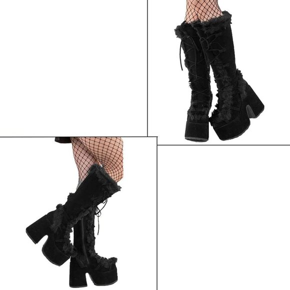 ⚡Womens Black Synthetic Mid Calf Lace Up Chunky High Heel Warm Fur Snow Boots - Picture 3 of 6